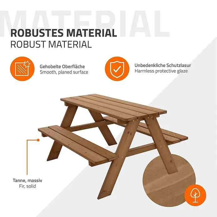 ML-Design Kinder-Picknicktisch Braun Picknicktisch Sitzgarnitur 2 Bänke mit Tisch Massivholz Outdoor - Braun, Holz - Picknicktisch aus massivem Tannenholz mit integrierten Bänken und schützender Lasur.