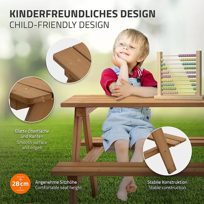 ML-Design Kinder-Picknicktisch Braun Picknicktisch Sitzgarnitur 2 Bänke mit Tisch Massivholz Outdoor - Braun, Holz - Kinder-Holzpicknicktisch (28cm Sitzhöhe) mit glatten Kanten und stabiler Konstruktion.