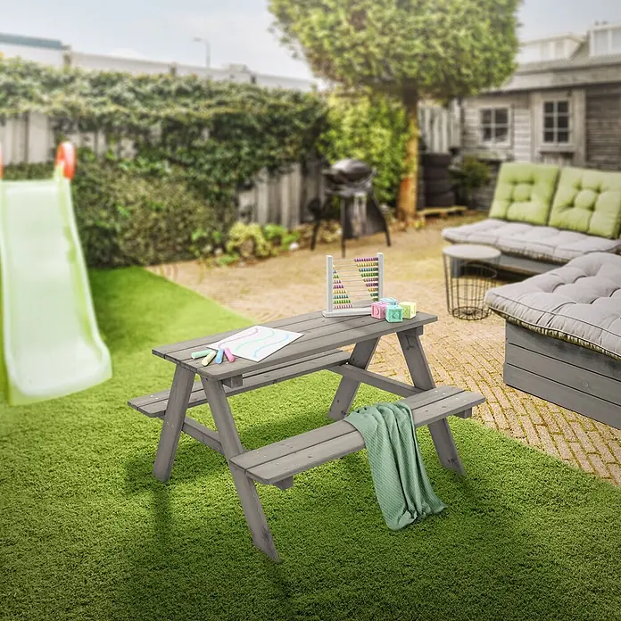 ML-Design Kinder-Picknicktisch Grau Picknicktisch Sitzgarnitur 2 Bänke mit Tisch Massivholz Outdoor - L x B x H: 90 x 78,5 x 50,5 cm, Holz - Grauer hölzerner Kindertisch mit Sitzbänken, mit Rechenrahmen und Malutensilien.
