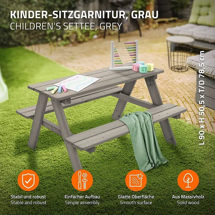 ML-Design Kinder-Picknicktisch Grau Picknicktisch Sitzgarnitur 2 Bänke mit Tisch Massivholz Outdoor - L x B x H: 90 x 78,5 x 50,5 cm, Holz - Graue Kindersitzgarnitur aus Massivholz, mit Spielzeug und Decke im Garten.