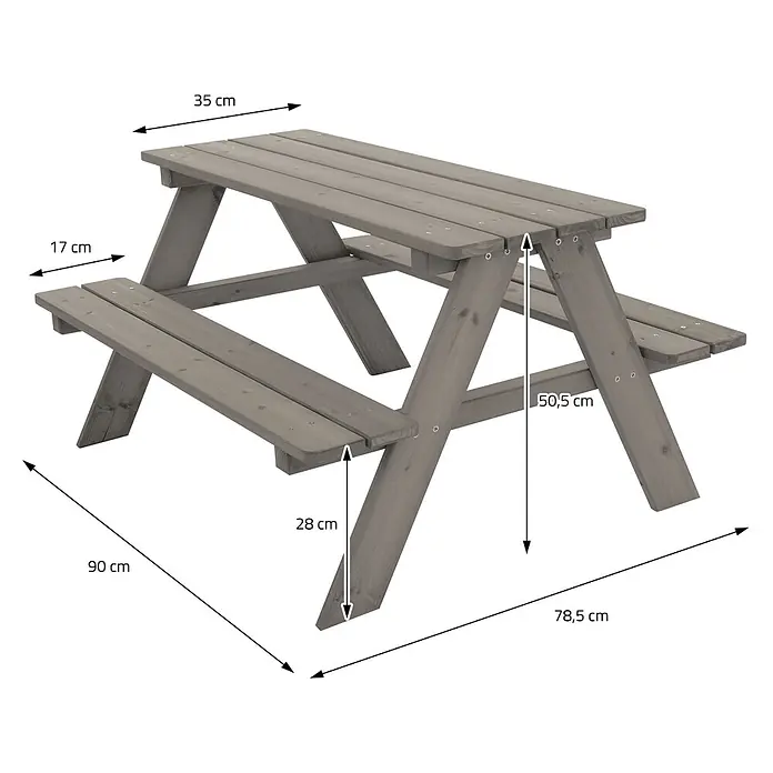 ML-Design Kinder-Picknicktisch Grau Picknicktisch Sitzgarnitur 2 Bänke mit Tisch Massivholz Outdoor - L x B x H: 90 x 78,5 x 50,5 cm, Holz - Grauer Picknicktisch aus Holz mit integrierten Bänken.