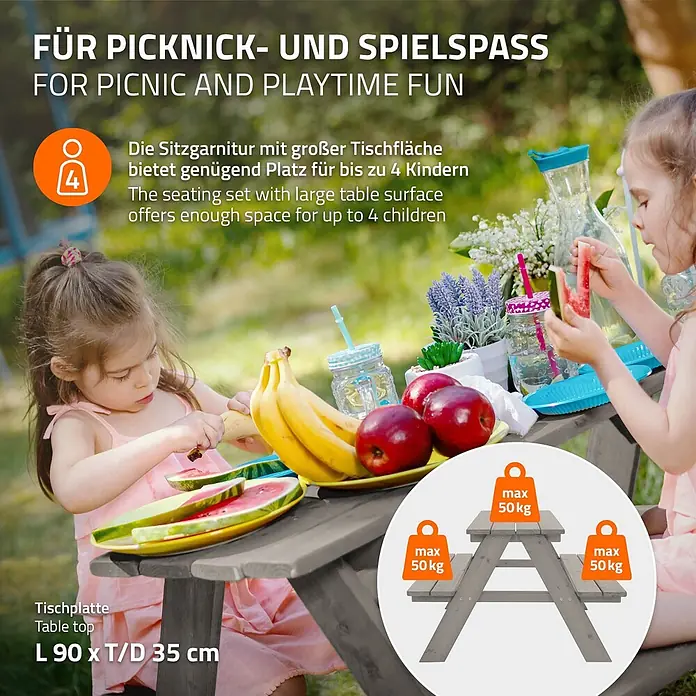 ML-Design Kinder-Picknicktisch Grau Picknicktisch Sitzgarnitur 2 Bänke mit Tisch Massivholz Outdoor - L x B x H: 90 x 78,5 x 50,5 cm, Holz - Hölzerne Kinder-Picknicktischgarnitur in Grau für bis zu 4 Kinder, L90xT35cm Tischplatte, Sitze bis 50kg.