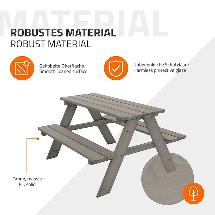 ML-Design Kinder-Picknicktisch Grau Picknicktisch Sitzgarnitur 2 Bänke mit Tisch Massivholz Outdoor - L x B x H: 90 x 78,5 x 50,5 cm, Holz - Grauer Picknicktisch aus massivem Tannenholz mit gehobelter Oberfläche und unbedenklicher Schutzlasur.