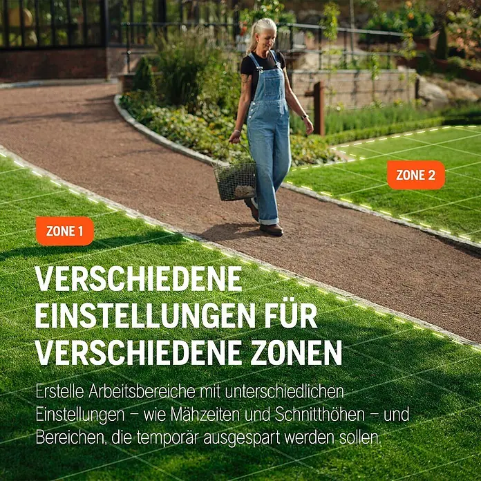 Husqvarna Mähroboter Aspire R6V - 600 m², Schnittbreite: 22 cm, Satellitengestützte Navigation, GPS - Eine Frau auf einem Weg zwischen Rasenzonen 'Zone 1' und 'Zone 2', die anpassbare Mähroboter-Einstellungen zeigen.