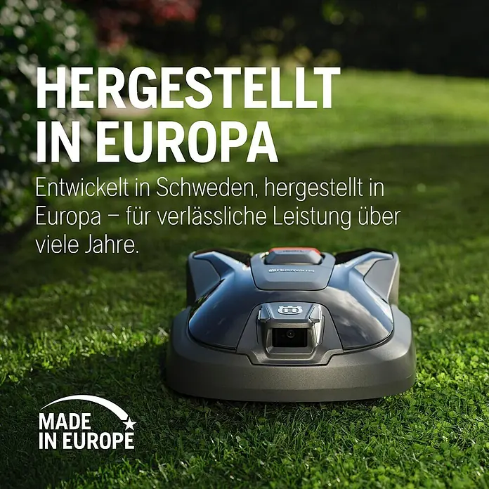 Husqvarna Mähroboter Aspire R6V - 600 m², Schnittbreite: 22 cm, Satellitengestützte Navigation, GPS - Dunkelgrauer Mähroboter, mit „Made in Europe“-Logo.
