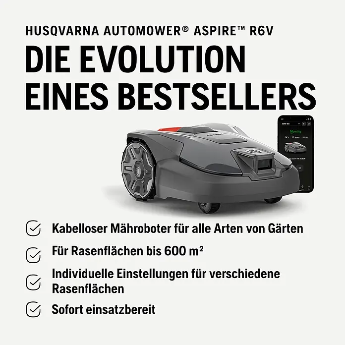 Husqvarna Mähroboter Aspire R6V - 600 m², Schnittbreite: 22 cm, Satellitengestützte Navigation, GPS - Kabelloser grauer Mähroboter mit orangefarbenen Akzenten und einer Steuerungs-App auf einem Smartphone.