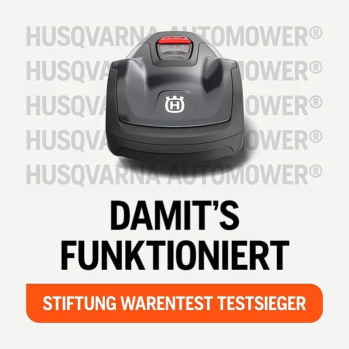 Husqvarna Mähroboter Aspire R4 - 400 m², Schnittbreite: 16 cm, Sensorgestützte Navigation, Begrenzungskabel - Husqvarna Mähroboter Testsieger, dunkelgrau mit rotem Stopp-Knopf und Logo.