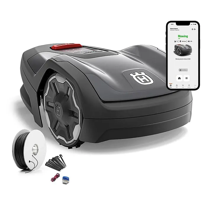 Husqvarna Mähroboter Aspire R4 - 400 m², Schnittbreite: 16 cm, Sensorgestützte Navigation, Begrenzungskabel - Dunkelgrauer Mähroboter mit rotem STOPP-Knopf, Smartphone-App und Installationskabel, Heringen und Verbindern.
