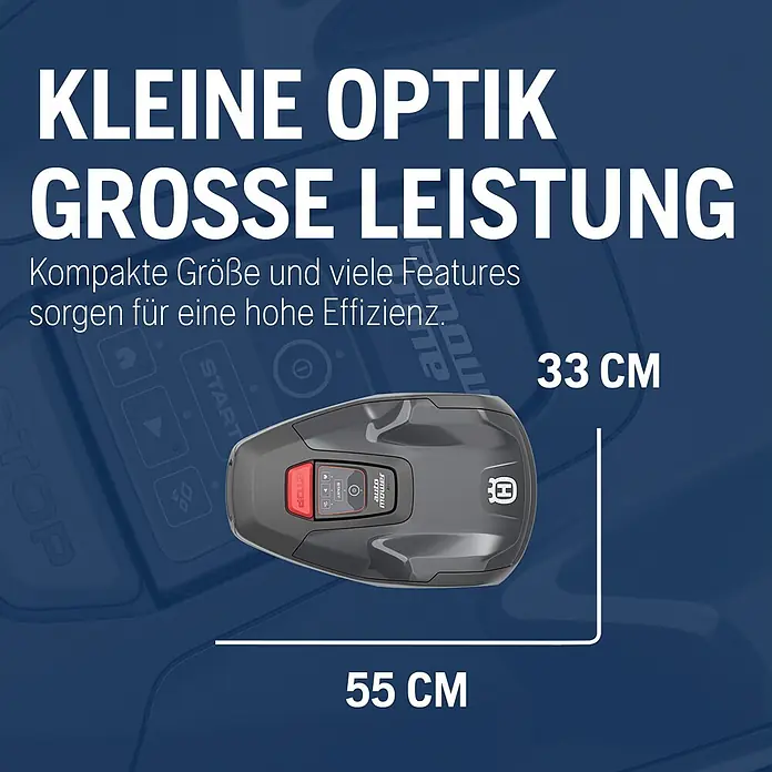 Husqvarna Mähroboter Aspire R4 - 400 m², Schnittbreite: 16 cm, Sensorgestützte Navigation, Begrenzungskabel - Dunkelgrauer Husqvarna Mähroboter mit roten Bedienelementen, Maße 55 cm Länge und 33 cm Breite. Kompaktes Design für hohe Effizienz.