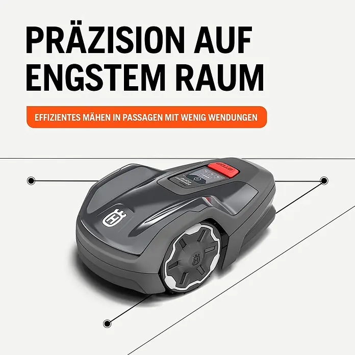 Husqvarna Mähroboter Aspire R4 - 400 m², Schnittbreite: 16 cm, Sensorgestützte Navigation, Begrenzungskabel - Dunkelgrauer Mähroboter mit weißen Akzenten und rotem Stopp-Knopf, entwickelt für präzises Mähen in engen Passagen.
