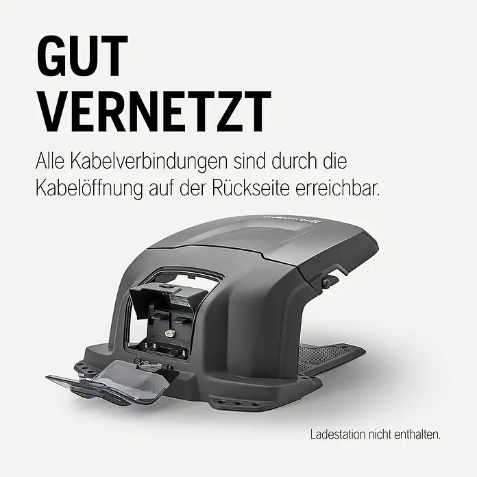 Husqvarna Mähroboter-Garage Aspire R6V, 305, 310, 315, 405X, 415X - L x B x H: 88,4 x 62,7 x 66 cm, Grau, Aspire R6V, 305, 310, 315, 405X und 415X - Dunkelgraues Anschlussgehäuse für Mähroboter-Ladestation, mit offener Klappe, die Kabelanschlüsse zeigt.