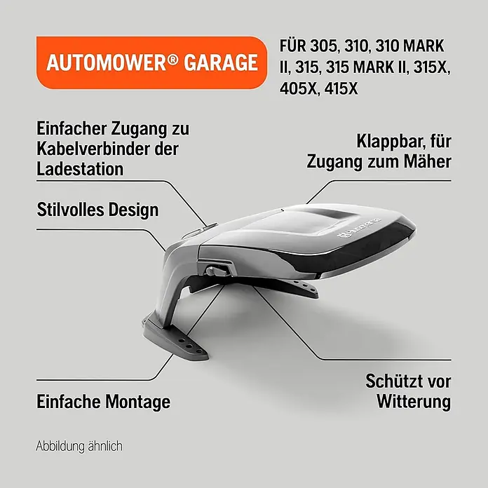 Husqvarna Mähroboter-Garage Aspire R6V, 305, 310, 315, 405X, 415X - L x B x H: 88,4 x 62,7 x 66 cm, Grau, Aspire R6V, 305, 310, 315, 405X und 415X - Husqvarna Automower® Garage in Dunkelgrau, klappbar, schützt Robotermäher vor Witterung und bietet leichten Zugang zur Ladestation. Kompatibel mit vielen Modellen.