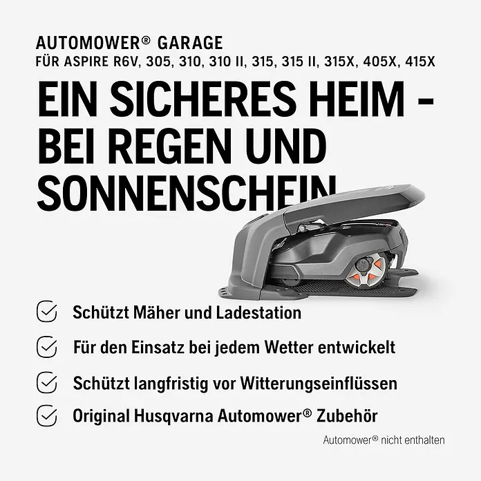 Husqvarna Automower Aspire R6V Mähroboter-Set 600 m² + Garage -  - Graue Automower-Garage, offen gezeigt, zum Schutz eines Rasenroboters.
