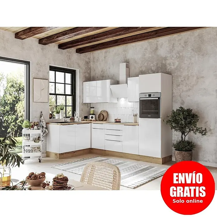 BAUHAUS Cocina esquinera Marleen - An x Pr: 280 x 170 cm, Blanco, Con electrodomésticos, Color del cuerpo: Blanco - Cocina moderna en L con armarios blancos brillantes, base de madera y horno integrado, en una habitación contemporánea.