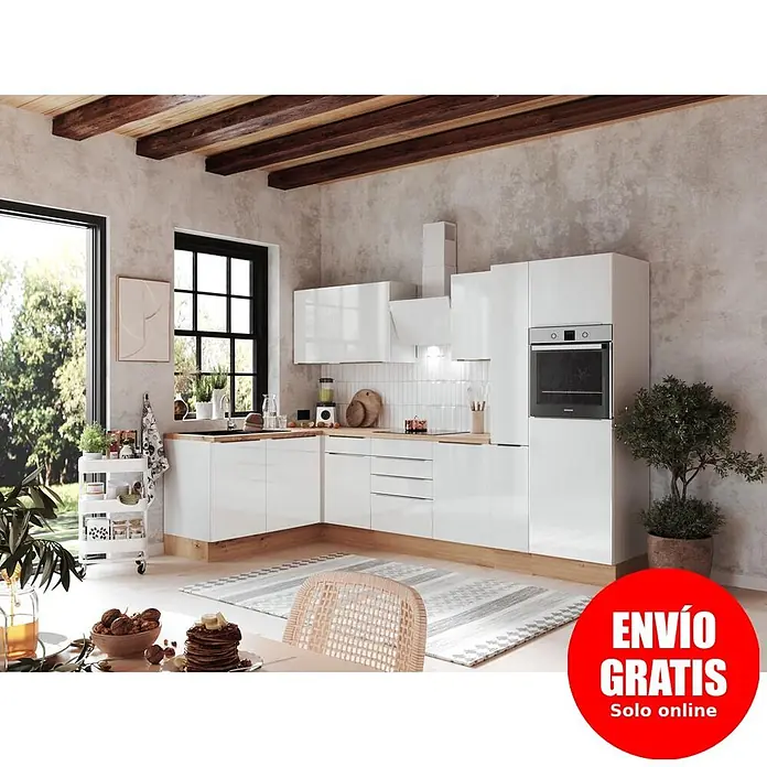 BAUHAUS Cocina esquinera Marleen - An x Pr: 310 x 170 cm, Blanco, Con electrodomésticos, Color del cuerpo: Blanco - Conjunto de cocina blanco brillo en forma de L con horno y campana extractora integrados en un ambiente moderno.