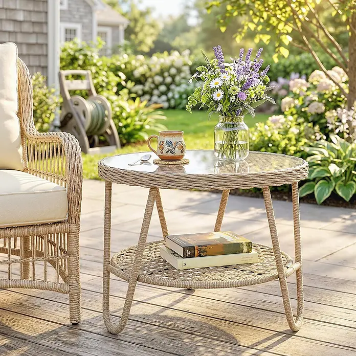 Outsunny Garten-Loungetisch - galvanisiertes Metall, PE, Gelb, L x B x H: 65 x 65 x 50 cm - Natürlicher geflochtener Outdoor-Beistelltisch mit Glasplatte und Ablage, begleitet von passendem Sessel, auf Holzterrasse.