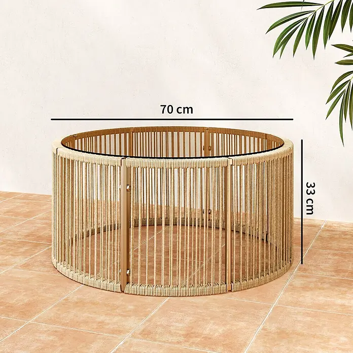 Outsunny Garten-Loungetisch - gehärtetes Glas, PE-Rattan, Braun, L x B x H: 70 x 70 x 33 cm - Runder Couchtisch aus Naturrattan mit Glasplatte, Ø 70 cm, 33 cm hoch, auf Fliesenboden.