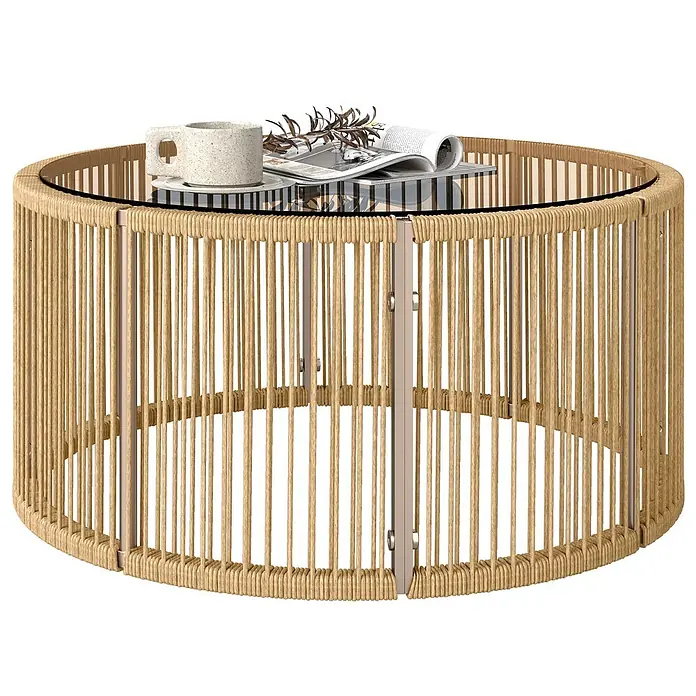 Outsunny Garten-Loungetisch - gehärtetes Glas, PE-Rattan, Braun, L x B x H: 70 x 70 x 33 cm - Runder Couchtisch mit naturgeflochtenem Sockel, vertikalen Streben und Glasplatte. Eine Tasse und Magazin liegen darauf.