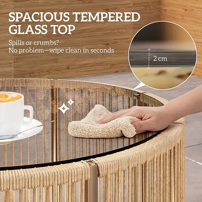 Outsunny Garten-Loungetisch - gehärtetes Glas, PE-Rattan, Braun, L x B x H: 70 x 70 x 33 cm - Runder Tisch mit 2 cm dicker gehärteter Glasplatte, leicht zu reinigen, und naturfarbenem Rattan-Gestell. Hand wischt Glas sauber.