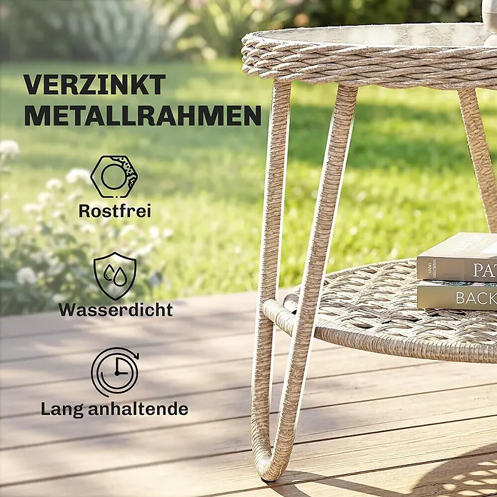 Outsunny Garten-Loungetisch - galvanisiertes Metall, PE, Gelb, L x B x H: 65 x 65 x 50 cm - Langlebiger Outdoor-Beistelltisch aus Rattan mit verzinktem Metallrahmen, rostfrei und wasserdicht, auf Holzterrasse.