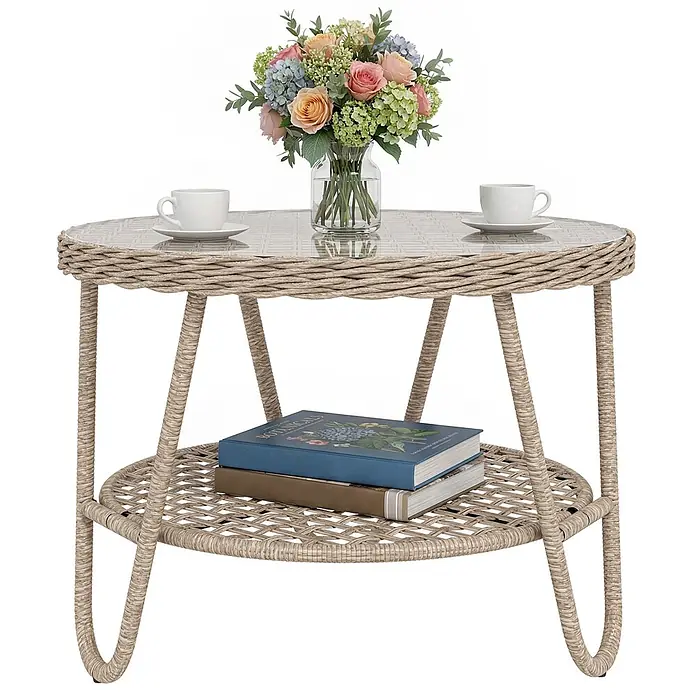 Outsunny Garten-Loungetisch - galvanisiertes Metall, PE, Gelb, L x B x H: 65 x 65 x 50 cm - Runder, zweistufiger beiger Korbtisch für die Terrasse mit Glasplatte und unterer Ablage.