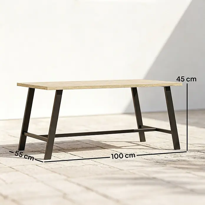 Outsunny Garten-Loungetisch - Braun, L x B x H: 100 x 55 x 45 cm - Helle Holzbank/Couchtisch mit schwarzen Metallbeinen. Maße: 100 cm (L) x 55 cm (B) x 45 cm (H).