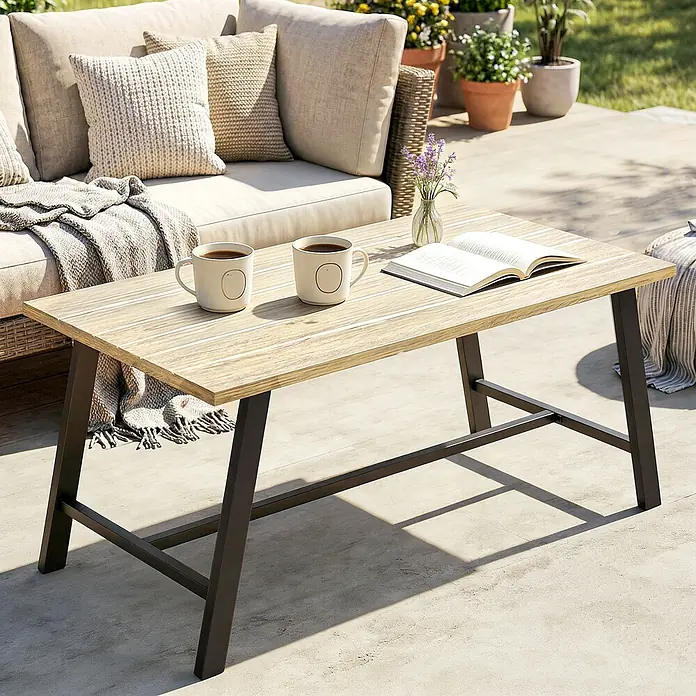 Outsunny Garten-Loungetisch - Braun, L x B x H: 100 x 55 x 45 cm - Heller Holztisch für den Außenbereich mit dunklen Metallbeinen, auf einer Terrasse neben einem Sofa, mit Tassen und Buch.