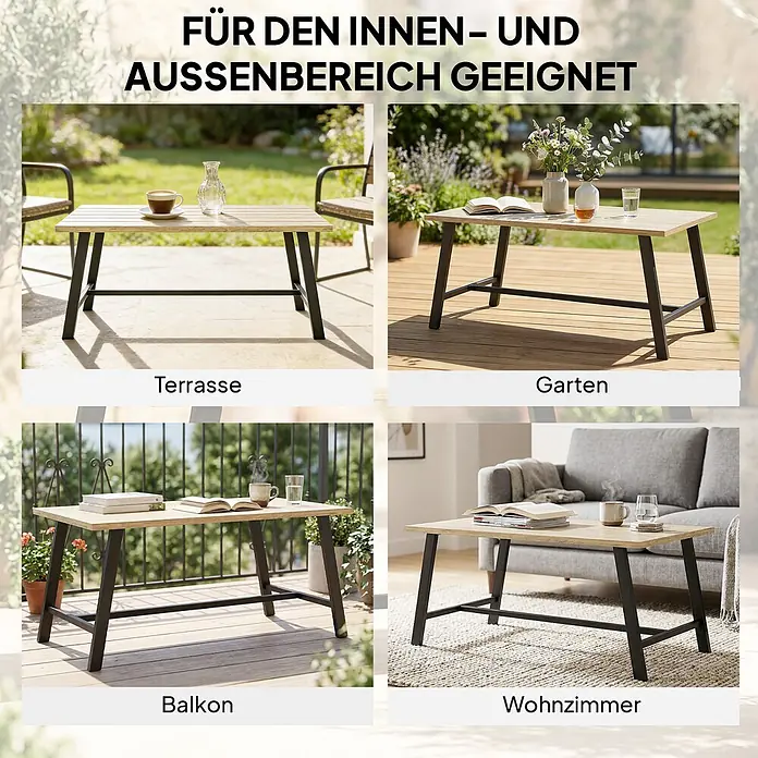 Outsunny Garten-Loungetisch - Braun, L x B x H: 100 x 55 x 45 cm - Vielseitiger Couchtisch mit heller Holzplatte und schwarzen Metallbeinen, geeignet für Innen- und Außenbereich, in verschiedenen Wohnsituationen gezeigt.