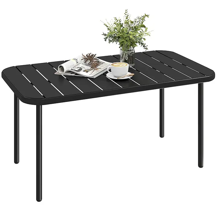 Outsunny Garten-Loungetisch - Verzinkter Stahl, Schwarz, L x B x H: 90 x 50 x 43 cm - Schwarzer Gartentisch mit Lattenplatte und abgerundeten Ecken, dekoriert mit Kaffee, Magazin und Pflanzen.