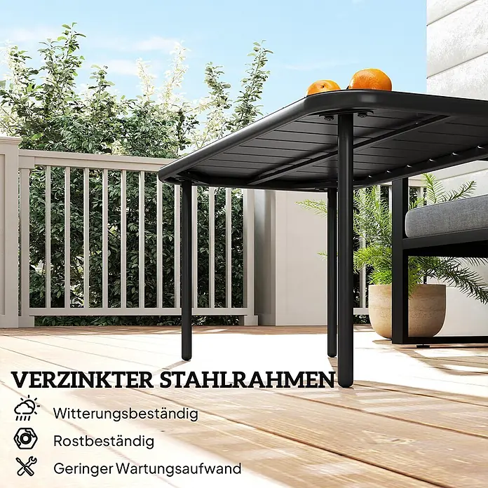Outsunny Garten-Loungetisch - Verzinkter Stahl, Schwarz, L x B x H: 90 x 50 x 43 cm - Schwarzer Outdoor-Esstisch mit verzinktem Stahlrahmen auf einer Holzterrasse, mit Orangen darauf, wetterbeständig.