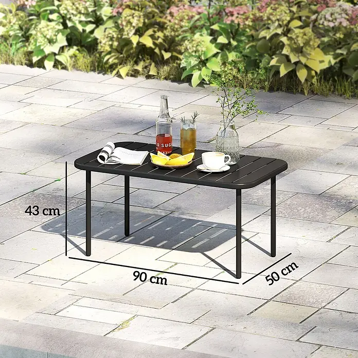 Outsunny Garten-Loungetisch - Verzinkter Stahl, Schwarz, L x B x H: 90 x 50 x 43 cm - Schwarzer rechteckiger Gartentisch, 90x50x43 cm, mit Getränken auf gepflasterter Terrasse.