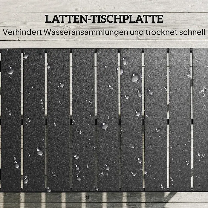 Outsunny Garten-Loungetisch - Verzinkter Stahl, Schwarz, L x B x H: 90 x 50 x 43 cm - Dunkelgraue Latten-Tischplatte mit Wassertropfen, die Wasserableitung und schnelles Trocknen zeigt.