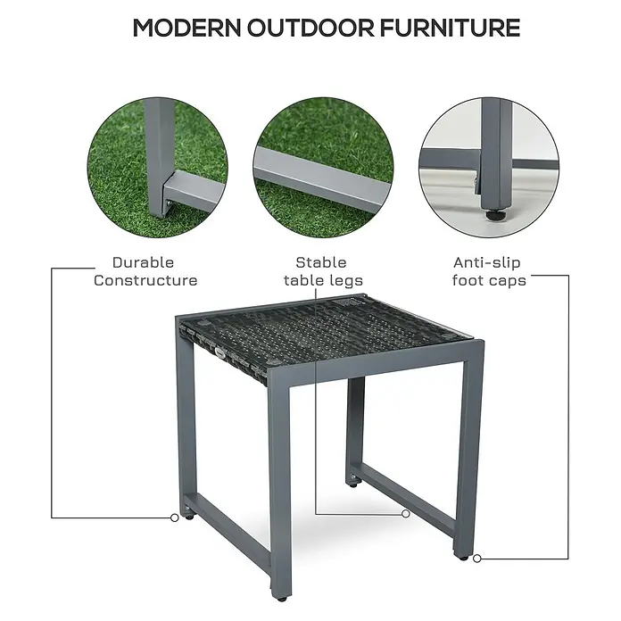 Outsunny Garten-Loungetisch - Polyrattan, Aluminium, Hartglas, Grau, L x B x H: 50 x 495 x 50 cm - Grauer moderner Outdoor-Beistelltisch mit dunkler geflochtener und Glasplatte, langlebiger Konstruktion und rutschfesten Füßen.
