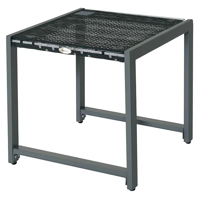 Outsunny Garten-Loungetisch - Polyrattan, Aluminium, Hartglas, Grau, L x B x H: 50 x 495 x 50 cm - Beistelltisch für den Außenbereich mit dunkelgrauem Metallrahmen, Geflechtdetail und klarer Glasplatte.