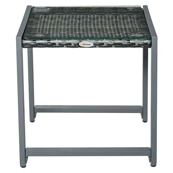 Outsunny Garten-Loungetisch - Polyrattan, Aluminium, Hartglas, Grau, L x B x H: 50 x 495 x 50 cm - Grauer Outdoor-Beistelltisch mit quadratischer Glasplatte, dunkler Polyrattan-Geflechtbasis und robustem Metallrahmen.