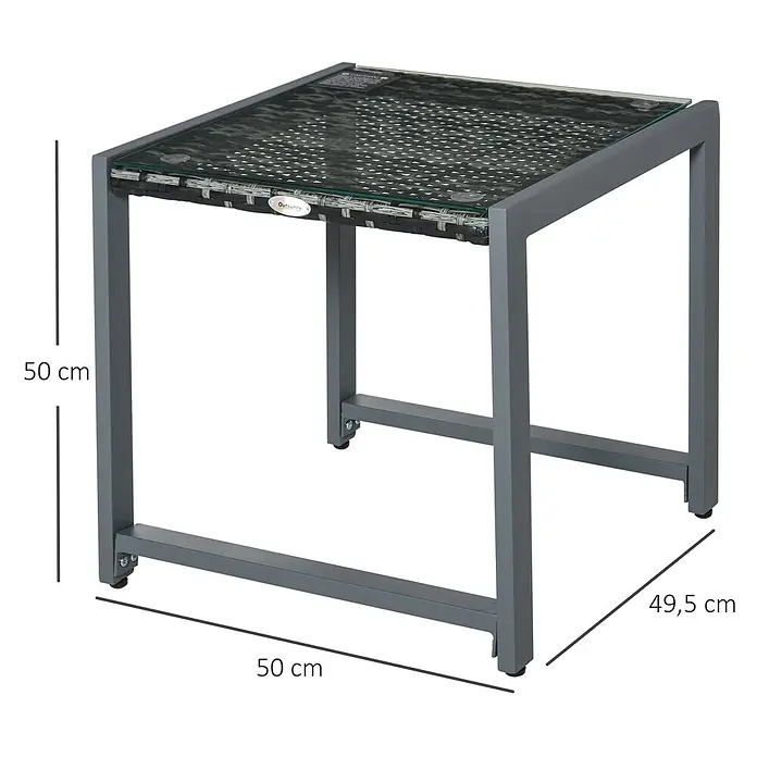 Outsunny Garten-Loungetisch - Polyrattan, Aluminium, Hartglas, Grau, L x B x H: 50 x 495 x 50 cm - Quadratischer Beistelltisch für den Außenbereich aus grauem Metall und Geflecht mit Glasplatte. Ca. 50x50x49,5 cm.