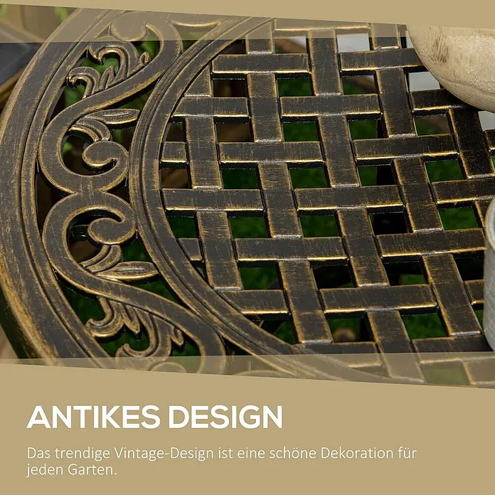 Outsunny Garten-Beistelltisch - L x B x H: 60 x 60 x 52,5 cm, Bronze - Nahaufnahme einer bronzefarbenen Gartentischplatte mit antikem, verschlungenem Muster.
