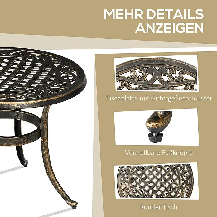 Outsunny Garten-Beistelltisch - L x B x H: 60 x 60 x 52,5 cm, Bronze - Bronze-farbener Gartentisch aus Metallguss mit runder Gittergeflecht-Tischplatte und verstellbaren Füßen.