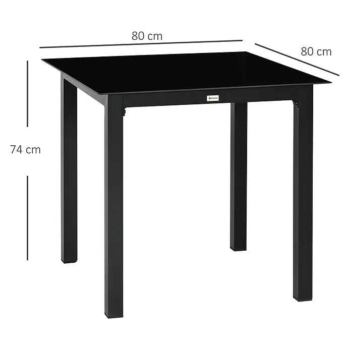 Outsunny Balkontisch mit verstellbare Fußstützen - L x B x H: 80 x 80 x 74 cm, Aluminium, Hartglas, Quadratisch, Schwarz - Schwarzer quadratischer Esstisch mit Glasplatte und Metallrahmen. Maße: 80x80x74 cm.
