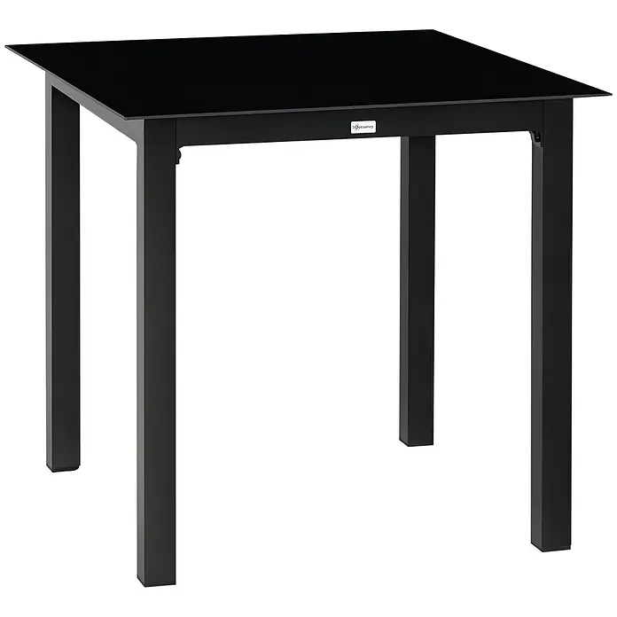 Outsunny Balkontisch mit verstellbare Fußstützen - L x B x H: 80 x 80 x 74 cm, Aluminium, Hartglas, Quadratisch, Schwarz - Schwarzer quadratischer Tisch mit eleganter Glasplatte und robustem schwarzem Metallrahmen.
