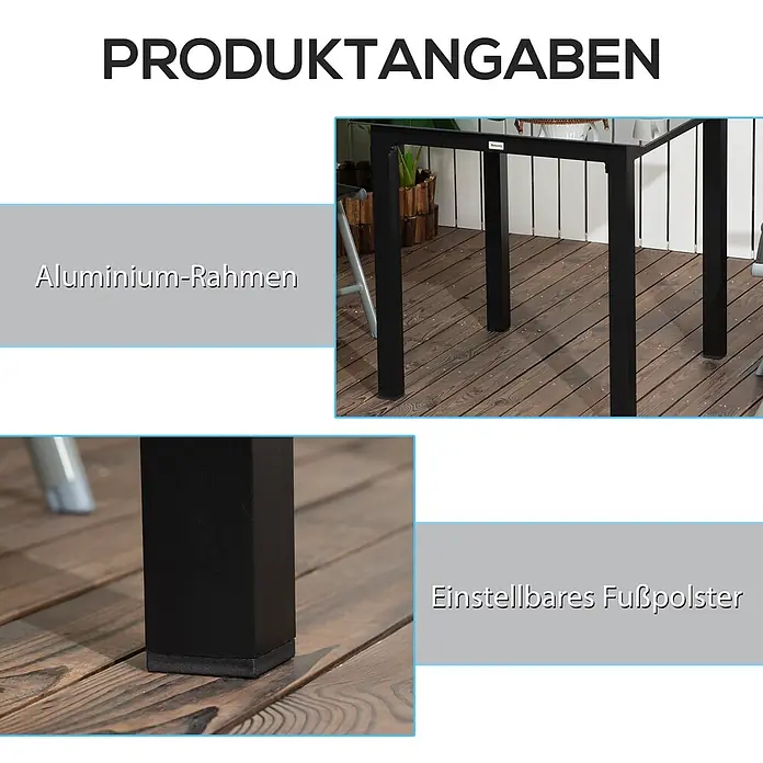 Outsunny Balkontisch mit verstellbare Fußstützen - L x B x H: 80 x 80 x 74 cm, Aluminium, Hartglas, Quadratisch, Schwarz - Schwarzer Terrassentisch mit Aluminiumrahmen und einstellbaren Fußpolstern auf einer Holzterrasse.