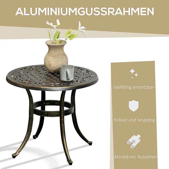 Outsunny Garten-Beistelltisch - L x B x H: 60 x 60 x 52,5 cm, Bronze - Dunkelbronze Gussaluminium Gartentisch mit aufwendig gemusterter Platte, darauf eine Vase und eine Tasse.