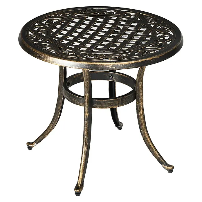 Outsunny Garten-Beistelltisch - L x B x H: 60 x 60 x 52,5 cm, Bronze - Verzierte runde Bistrotisch aus Aluminiumguss in Antikbronze-Finish mit geflochtener Tischplatte.