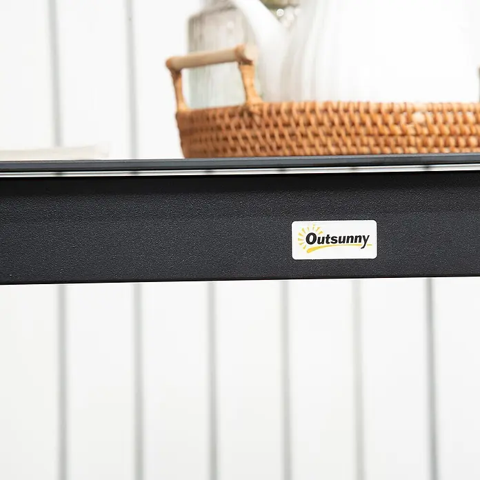 Outsunny Balkontisch mit verstellbare Fußstützen - L x B x H: 80 x 80 x 74 cm, Aluminium, Hartglas, Quadratisch, Schwarz - Schwarzer, strukturierter Metallrahmen mit Outsunny-Logo-Aufkleber.