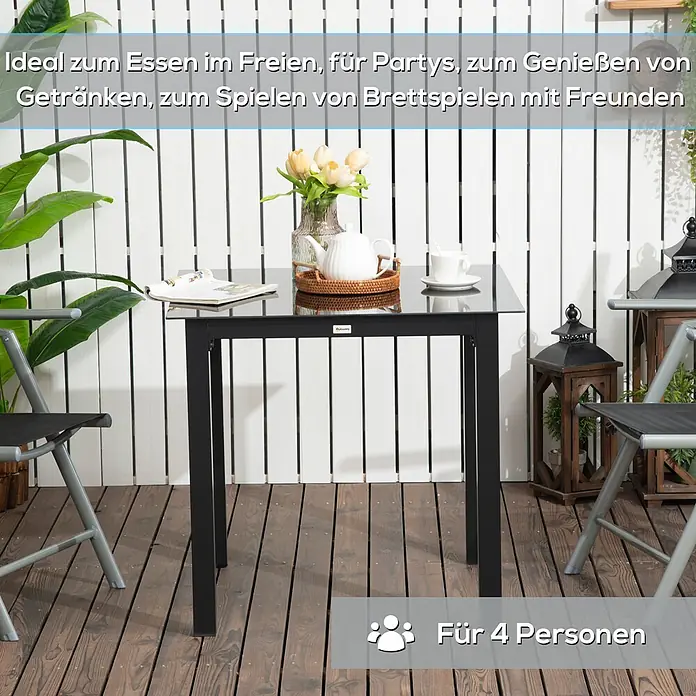 Outsunny Balkontisch mit verstellbare Fußstützen - L x B x H: 80 x 80 x 74 cm, Aluminium, Hartglas, Quadratisch, Schwarz - Ein quadratischer schwarzer Gartentisch mit Glasplatte, ideal zum Essen, für Partys, Getränke oder Brettspiele für bis zu 4 Personen.