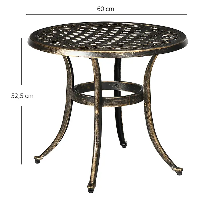 Outsunny Garten-Beistelltisch - L x B x H: 60 x 60 x 52,5 cm, Bronze - Bronze-farbener Rundtisch mit verzierter durchbrochener Platte und geschwungenen Beinen. Durchmesser 60 cm, Höhe 52,5 cm.