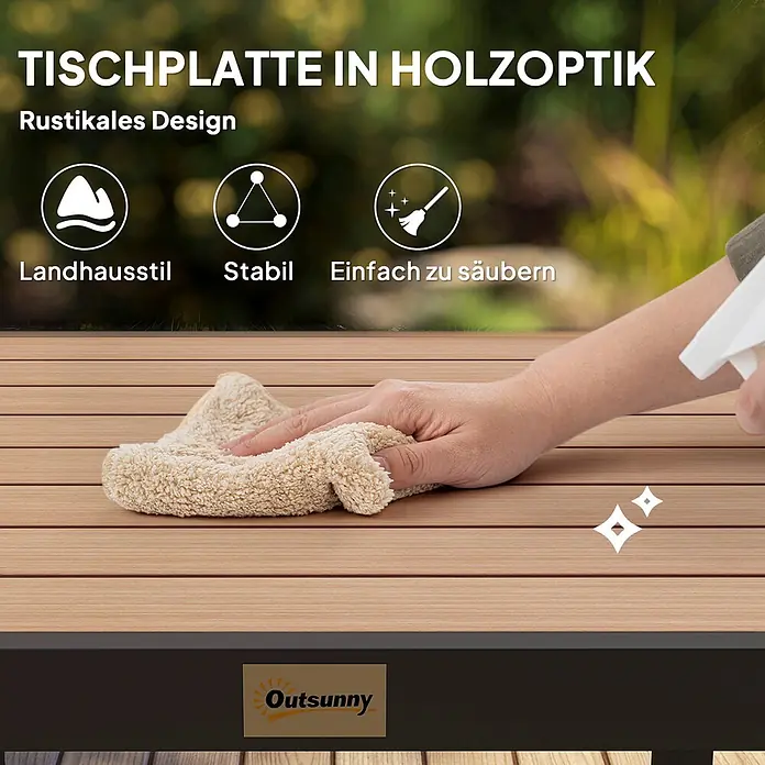 Outsunny Balkontisch für 4 Personen - L x B x H: 78 x 78 x 74 cm, Aluminium, Kunststoff, Quadratisch, Naturholz, Schwarz - Tischplatte in Holzoptik, Landhausstil, wird gereinigt. Stabil und pflegeleicht.