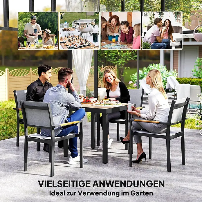 Outsunny Balkontisch für 4 Personen - L x B x H: 78 x 78 x 74 cm, Aluminium, Kunststoff, Quadratisch, Naturholz, Schwarz - Moderner Outdoor-Esstisch mit schwarzen Gestellen, heller Holzplatte und grauen Stühlen im Gartenambiente.