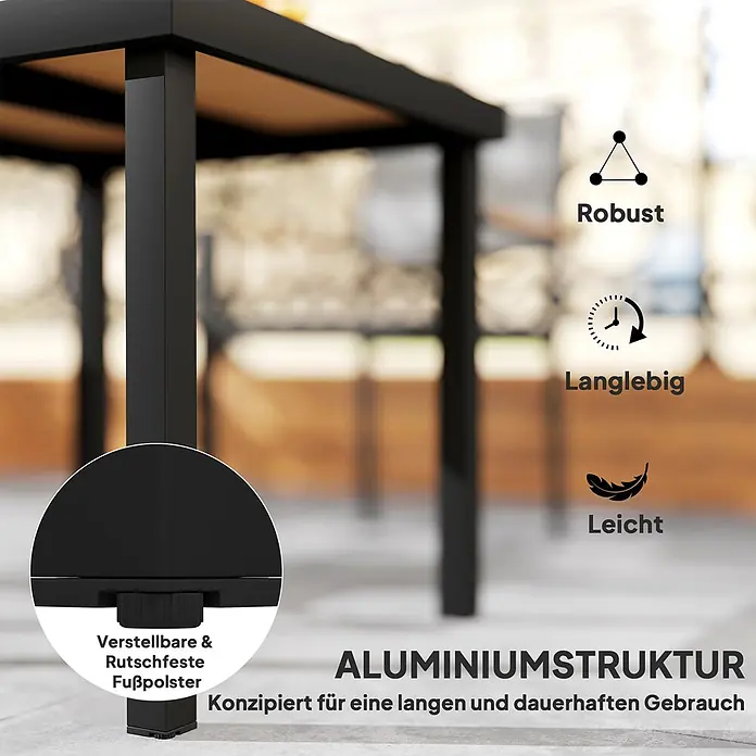 Outsunny Balkontisch für 4 Personen - L x B x H: 78 x 78 x 74 cm, Aluminium, Kunststoff, Quadratisch, Naturholz, Schwarz - Schwarze Aluminiumstruktur mit verstellbaren, rutschfesten Füßen, betont Robustheit, Langlebigkeit und Leichtigkeit.