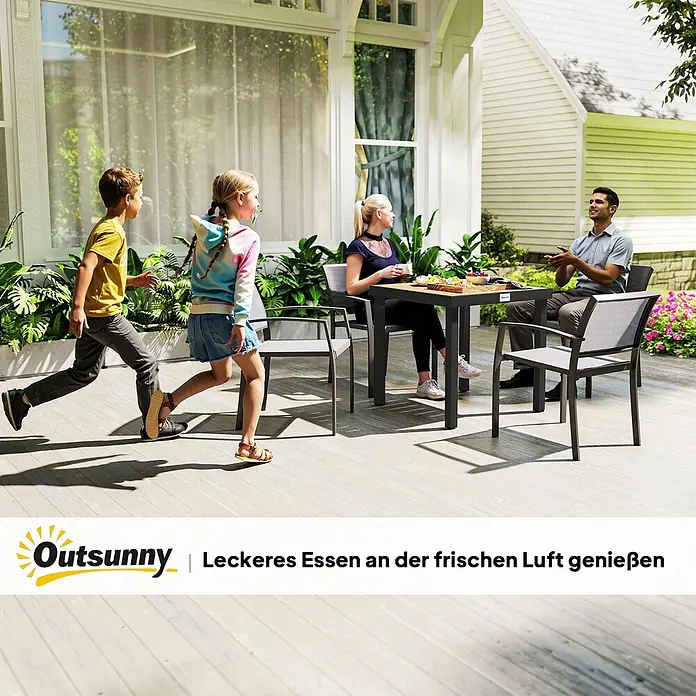 Outsunny Balkontisch für 4 Personen - L x B x H: 78 x 78 x 74 cm, Aluminium, Kunststoff, Quadratisch, Naturholz, Schwarz - Outdoor-Essgruppe: dunkler Tisch mit Holzplatte und grauen Netzstühlen auf der Terrasse, genutzt beim Essen im Freien.